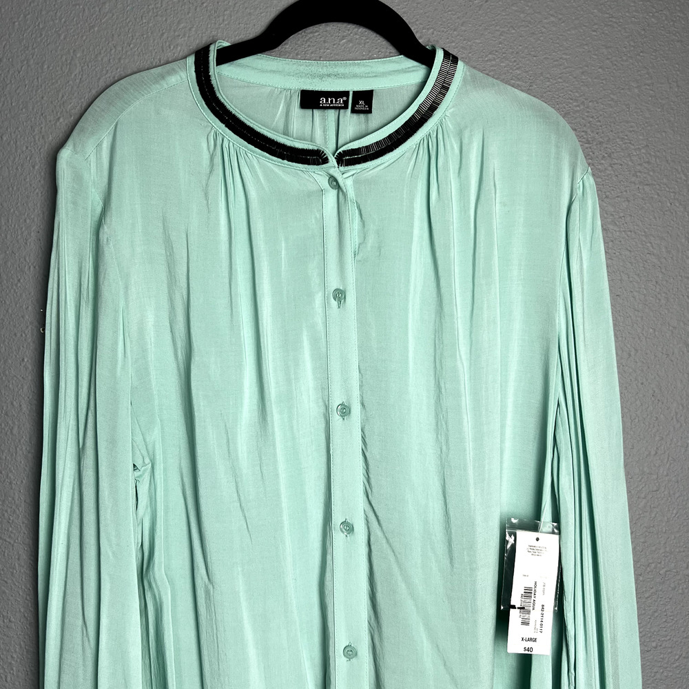 NWT a.n.a. Womens Size XL Holiday Aqua Blouse Office Wear Satinβ Beaded Accents